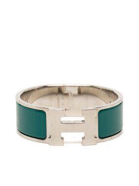 Hermes Clic Clac PM Bangle Silver Green Metal Enamel Bracelet